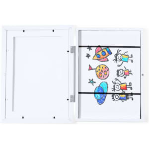 A white picture frame featuring a space-themed drawing by children with vibrant colours, displayed behind clear straps.