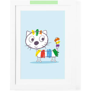 A white picture frame displays a colourful illustration of a cat with a playful design on a light blue background.