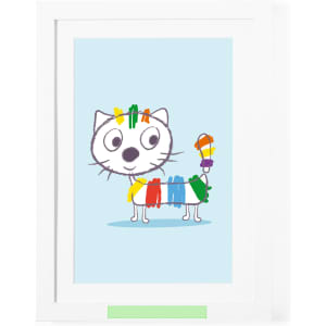 A white picture frame containing a colourful artwork of a cartoon cat with bright, painted stripes.