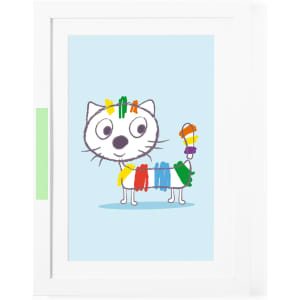 A white picture frame featuring a colourful, illustrated cat with a playful design on a light blue background.