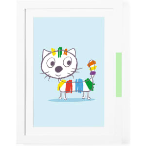 A white picture frame containing a playful illustration of a colourful cat on a light blue background.
