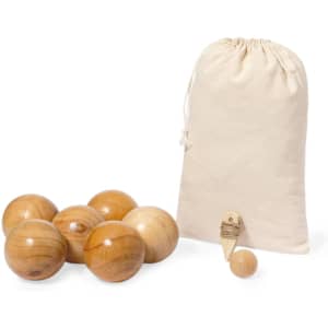 A set of wooden petanque balls in various sizes alongside a drawstring bag and a wooden marker.