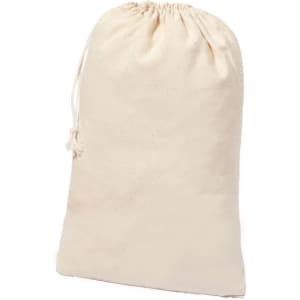 A beige drawstring bag made from natural fabric, featuring a cinched top for closure.