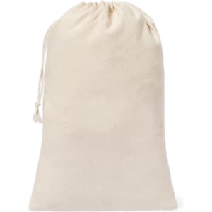 A cream-coloured drawstring bag made of soft fabric, suitable for storage or carrying items.