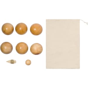 A set of wooden petanque balls in light brown, accompanied by a canvas bag and a small wooden measuring piece.