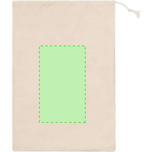 A natural canvas drawstring bag in beige with a rectangular green outline. It features a logo on the front.