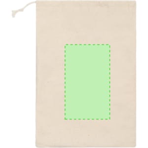 A beige drawstring bag with a plain green rectangle outlined in a dotted line. The bag features a branding logo.