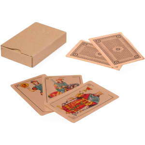 A set of Brisca Spanish playing cards in brown and beige, with a matching cardboard box.