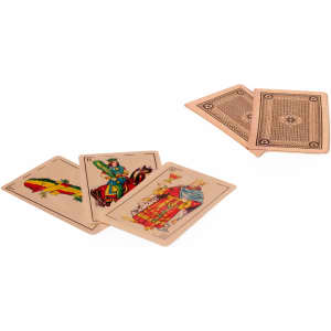 A set of Brisca Spanish playing cards featuring illustrated figures, with cream and colourful designs.