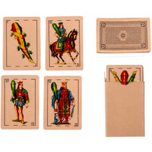 A set of Brisca Spanish playing cards featuring vibrant illustrations in red, green, and gold, packaged in a brown box.