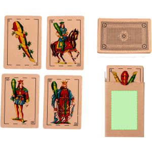 A set of Brisca Spanish playing cards featuring colourful illustrations on a tan background with a matching case.