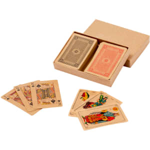 Playing cards in a decorative box, featuring intricate designs and a vintage aesthetic, with a cream and brown colour scheme.