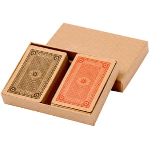 A set of two playing card decks in a kraft box, featuring one brown and one orange deck.
