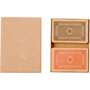 A boxed set of playing cards in orange and black, featuring intricate designs, with a simple kraft paper exterior.