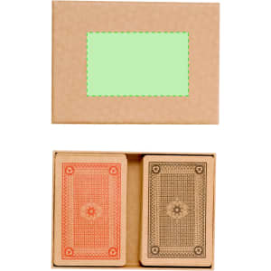 A cardboard box containing two sets of playing cards, one red and one brown, with a logo on the packaging.