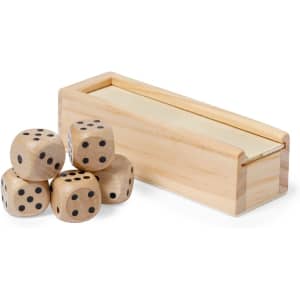 A wooden box with a sliding lid beside five wooden dice, featuring black dots on a light wooden surface.