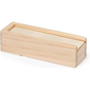 A rectangular wooden box with a sliding lid, featuring a natural wood finish.