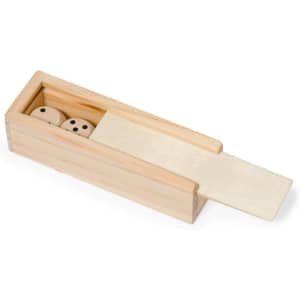A wooden storage box containing two dice and a blank game pad, featuring a natural wood finish.