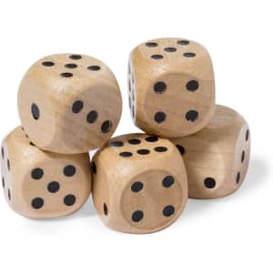 Five wooden dice stacked together, featuring black dots on a natural wood finish.