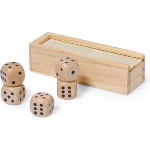 A wooden box containing dice in various sizes, featuring black dots on a light wood finish.