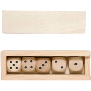 A wooden box containing five dice, with black dots, resting on a plain wooden surface.