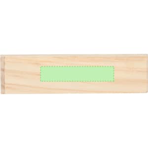 A wooden game block in a light natural colour with a green rectangular section. The block features a logo.