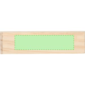 A wooden game piece with a light green rectangular area for customisation. The wood has a natural finish.