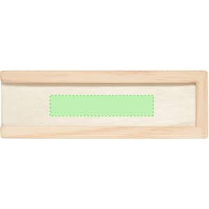 A wooden game board with a light green rectangular space for placement. The board has a natural finish.
