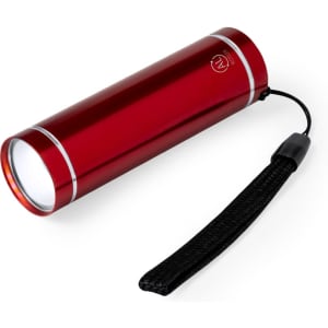 A red aluminium torch with a wrist strap, featuring a sleek cylindrical design and a bright light at one end.
