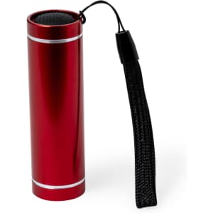 A red cylindrical torch with a textured end and a black wrist strap. It features silver accents.