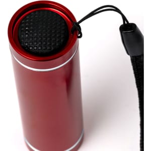 A red metal torch with a textured top and a black strap for easy carrying. It features a logo on the body.