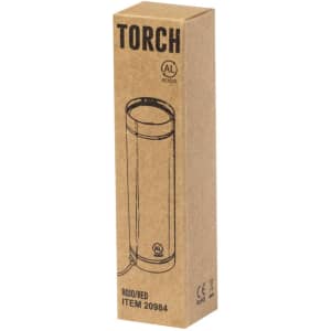 A red and silver torch packaged in a brown cardboard box with a logo.