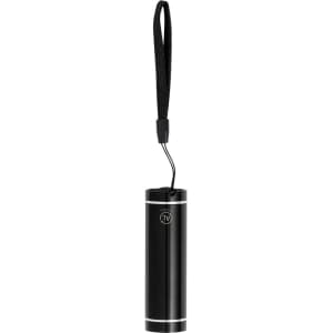 A black torch with a strap, featuring a sleek cylindrical design and silver accents. It includes a logo on the body.