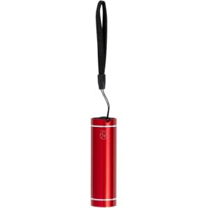 A red torch keyring with a wrist strap, featuring a sleek, cylindrical design and a small logo.