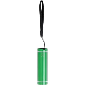 A green torch with a silver base and a black wrist strap, featuring a branding logo.