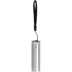A silver torch keyring with a black strap, featuring a logo on the body.