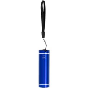 A blue torch keyring featuring a textured grip and a loop for attachment. It includes a branding logo.