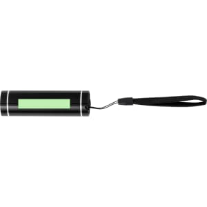 A black torch with a green light and a wrist strap, designed for keyrings and tools.
