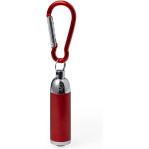 A red torch keyring with a silver carabiner attachment and a logo on the side.