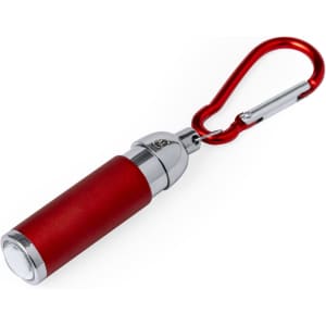 A red torch keyring with a silver base and a carabiner clip for attachment.