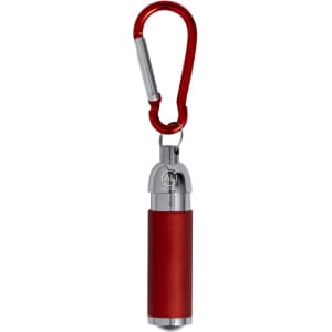 A red torch keyring with a silver clip, featuring a cylindrical design and a branding logo on the top.