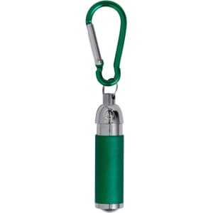 A green keyring torch with a metal clip for easy attachment. It features a shiny silver top.