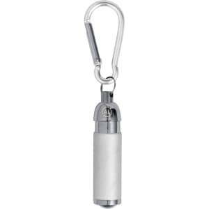 A silver and white torch keyring with a carabiner clip attached for easy carrying.