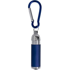 A blue torch keyring with a silver carabiner clip and a metallic finish. It includes a branding logo.