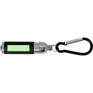 A black and silver torch keyring with a carabiner clip, featuring a light-green panel.