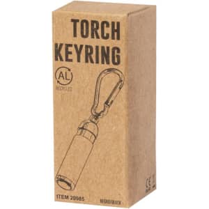 A black torch keyring in a cardboard box with a clip for attachment. The box features a simple illustration and branding.