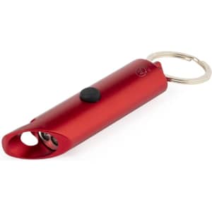 A red torch keyring with a keychain attachment and a black button on the side.