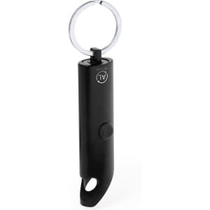 A black torch keyring with a round keyring attachment and a button for activation, featuring a logo.