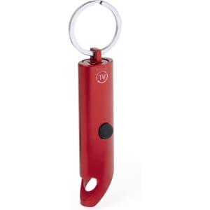 A red torch keyring featuring a keyring attachment and a button for operation. It has a sleek design.