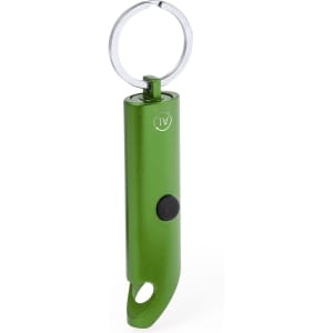 A green torch keyring with a keychain ring and a button for activation. It features a logo on the side.